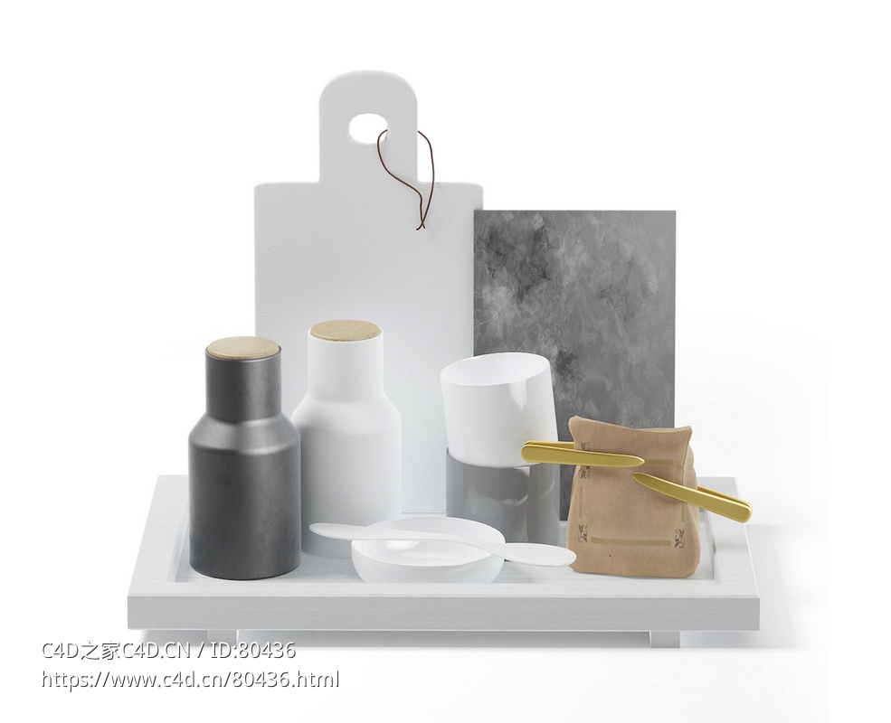 托盘上的菜板袋子咖啡杯调味瓶厨房用具C4D模型下载