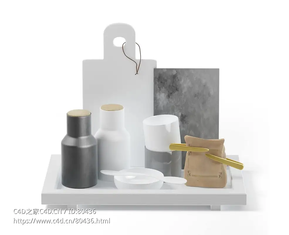 托盘上的菜板袋子咖啡杯调味瓶厨房用具C4D模型下载