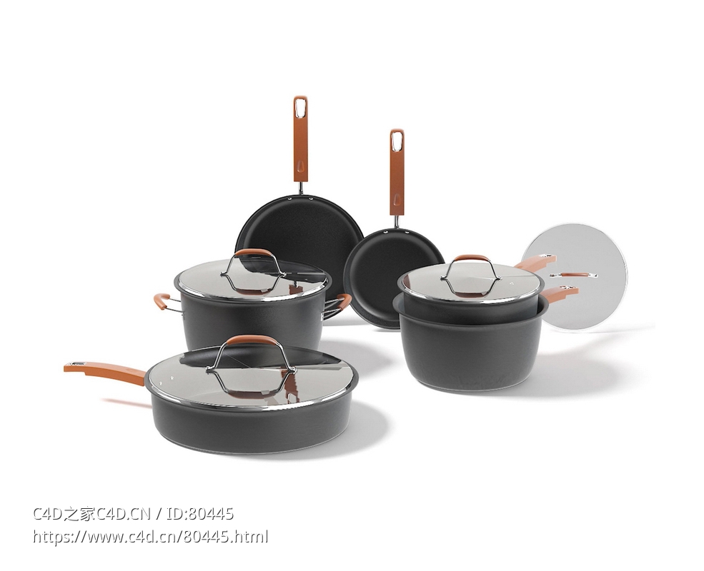 炒菜锅平底锅煎锅汤锅奶锅黑锅套装C4D模型下载