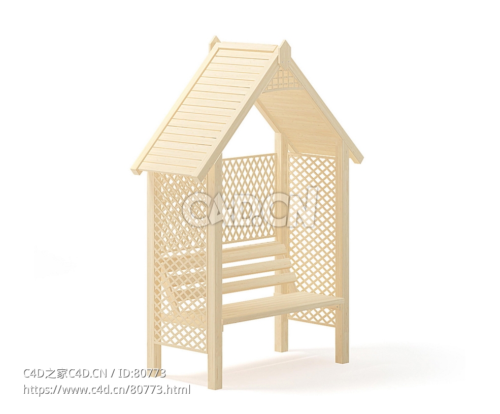带长凳的实木休息亭c4d模型下载