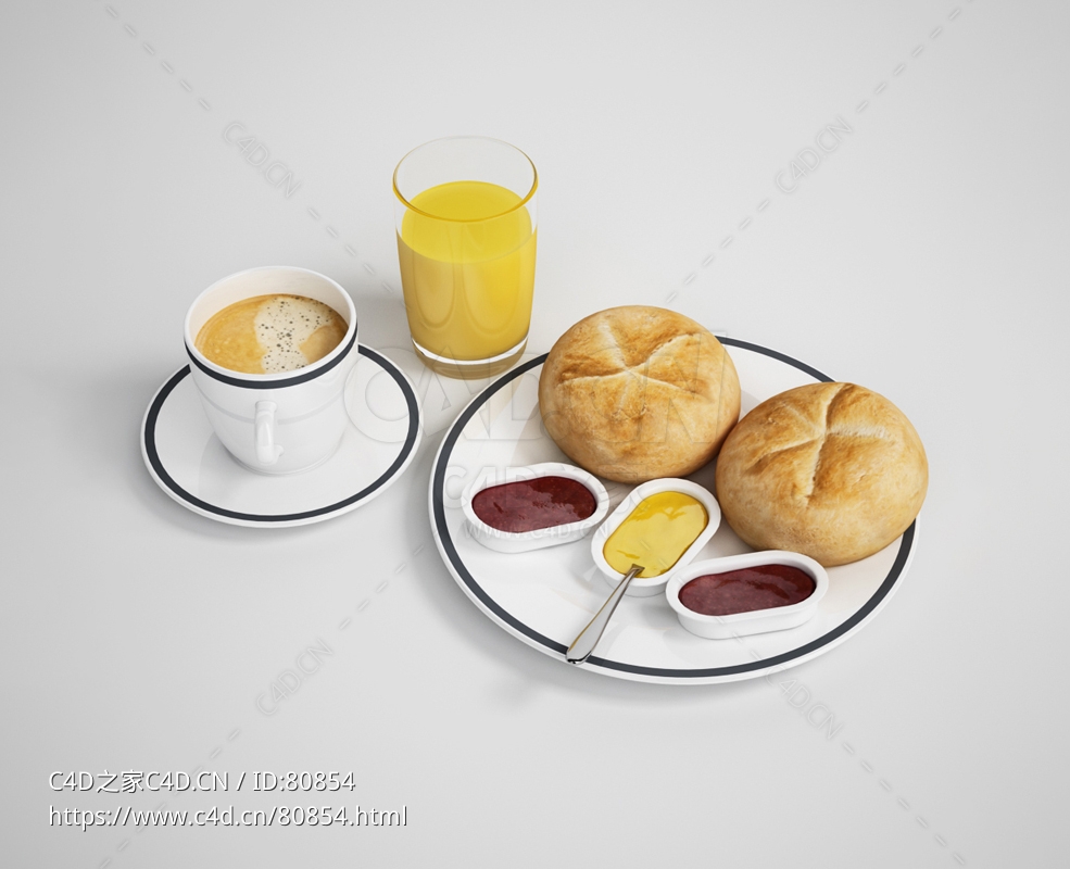 早餐食物咖啡果汁面包奶油豆沙酱C4D模型下载