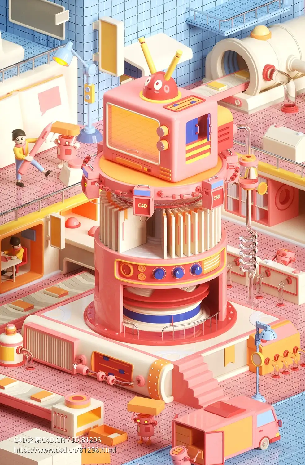 C4D OC学校教育流水线书本粉红色电商卡通场景模型 - C4D之家 - Untitled.jpg