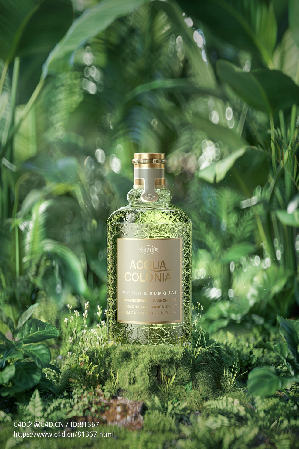 植物丛中的香水女性化妆品产品C4D模型 - C4D之家 - 参考图.jpg