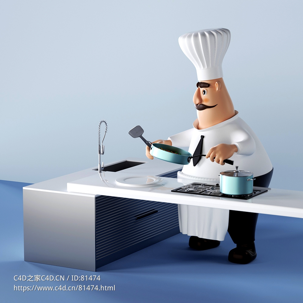 炒菜做饭的大胡子胖厨师卡通动漫角色C4D OC模型 - C4D之家 - 03.jpg