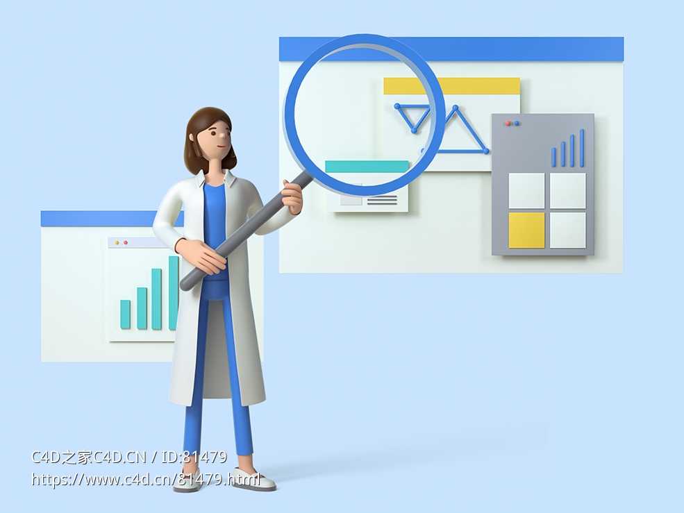 女化学家拿放大镜讲解数据分析