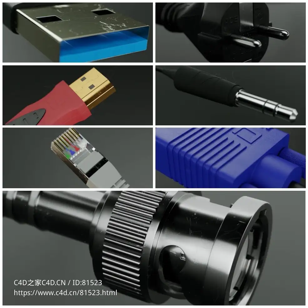 电线网线数据线插头C4D模型合集Cable Plugs