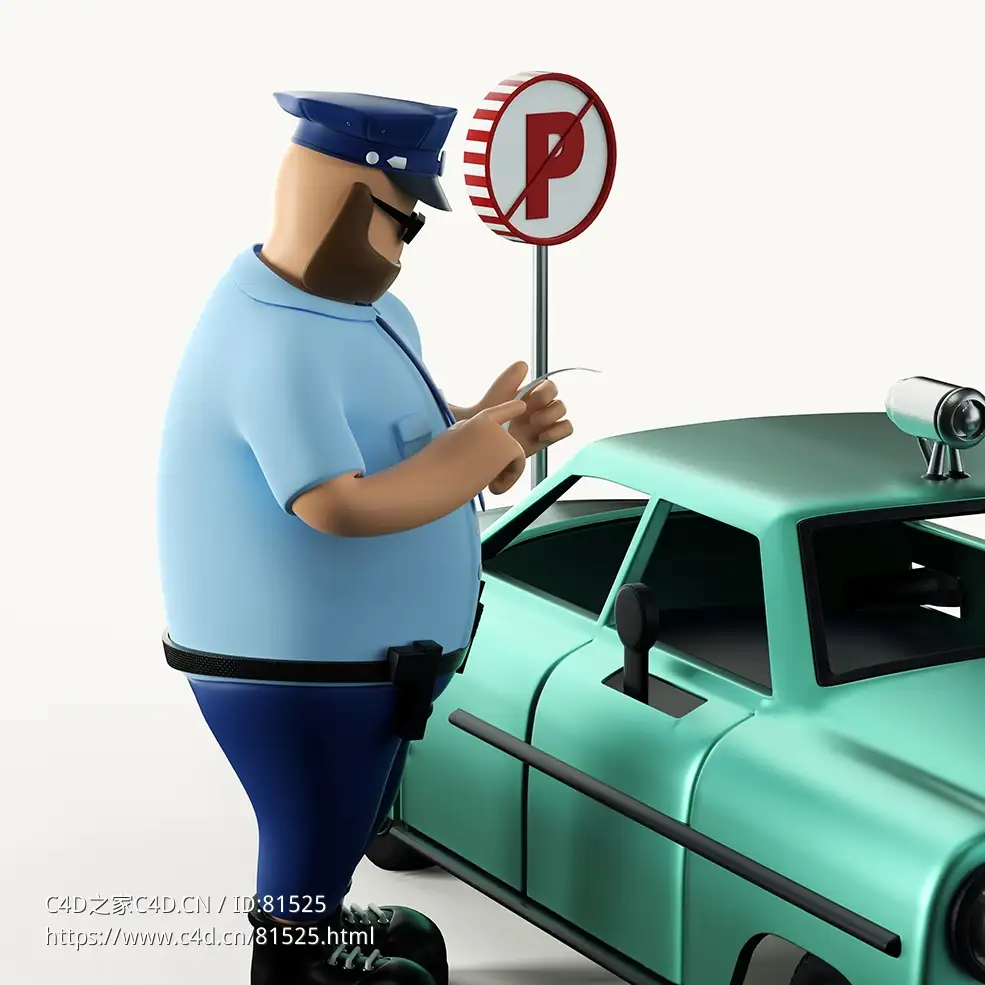 汽车前开具罚单的交通警察 - C4D之家 - 02.jpg