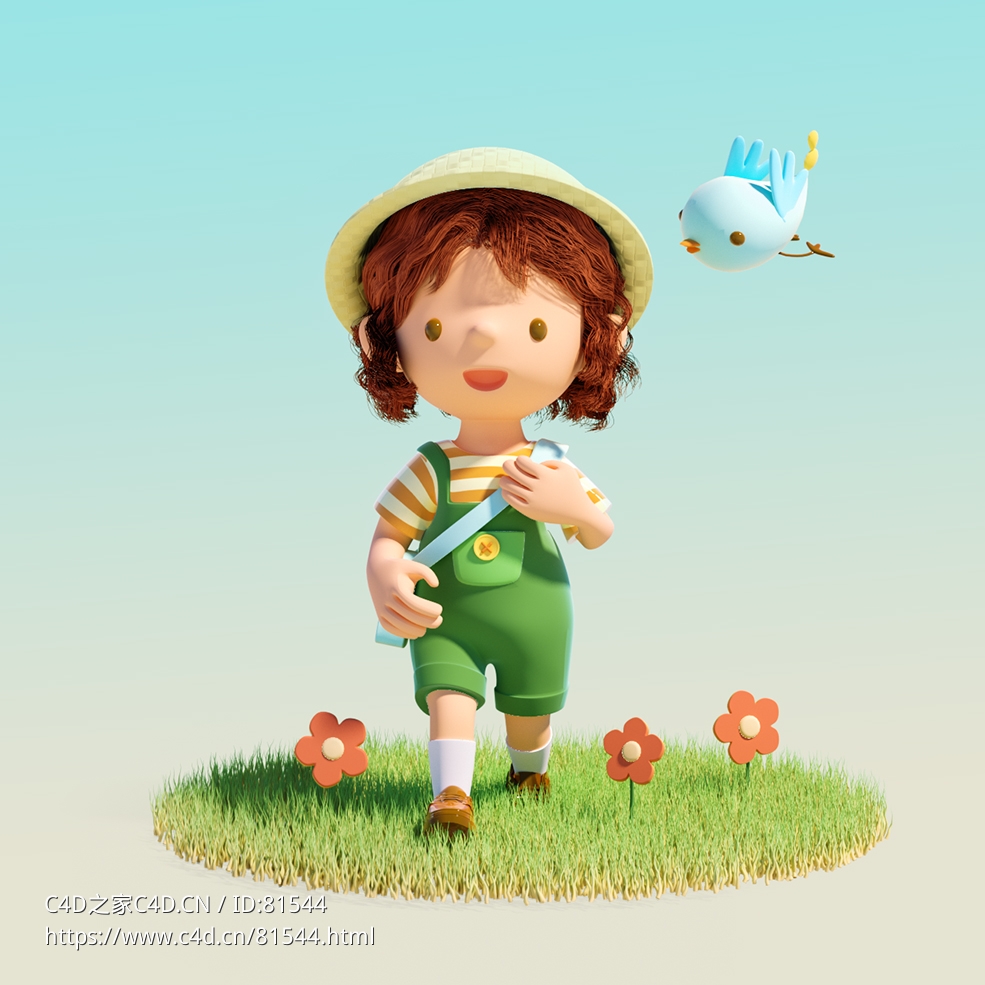 鸟儿一起歌唱行走在草地上的小女孩