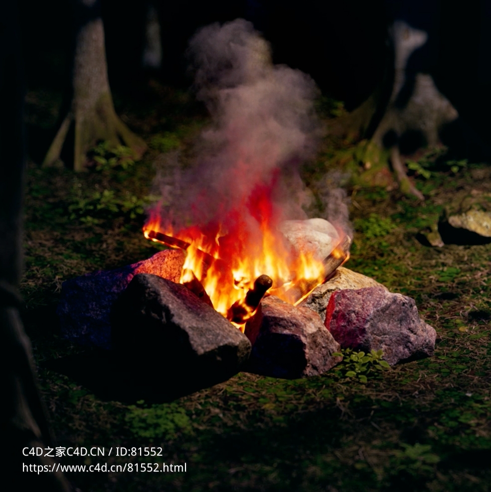 户外石头围起的篝火燃烧Pyro烟火C4D OCTANE动画工程