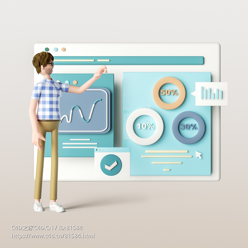 在屏幕前演示ppt图表的程序员卡通动漫角色人物