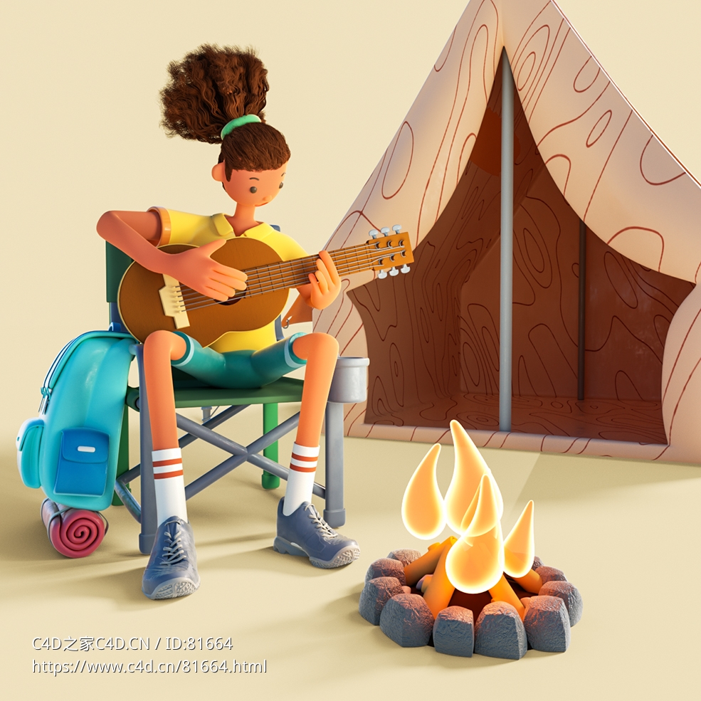 户外篝火前弹吉他的女孩 - C4D之家 - 06.jpg