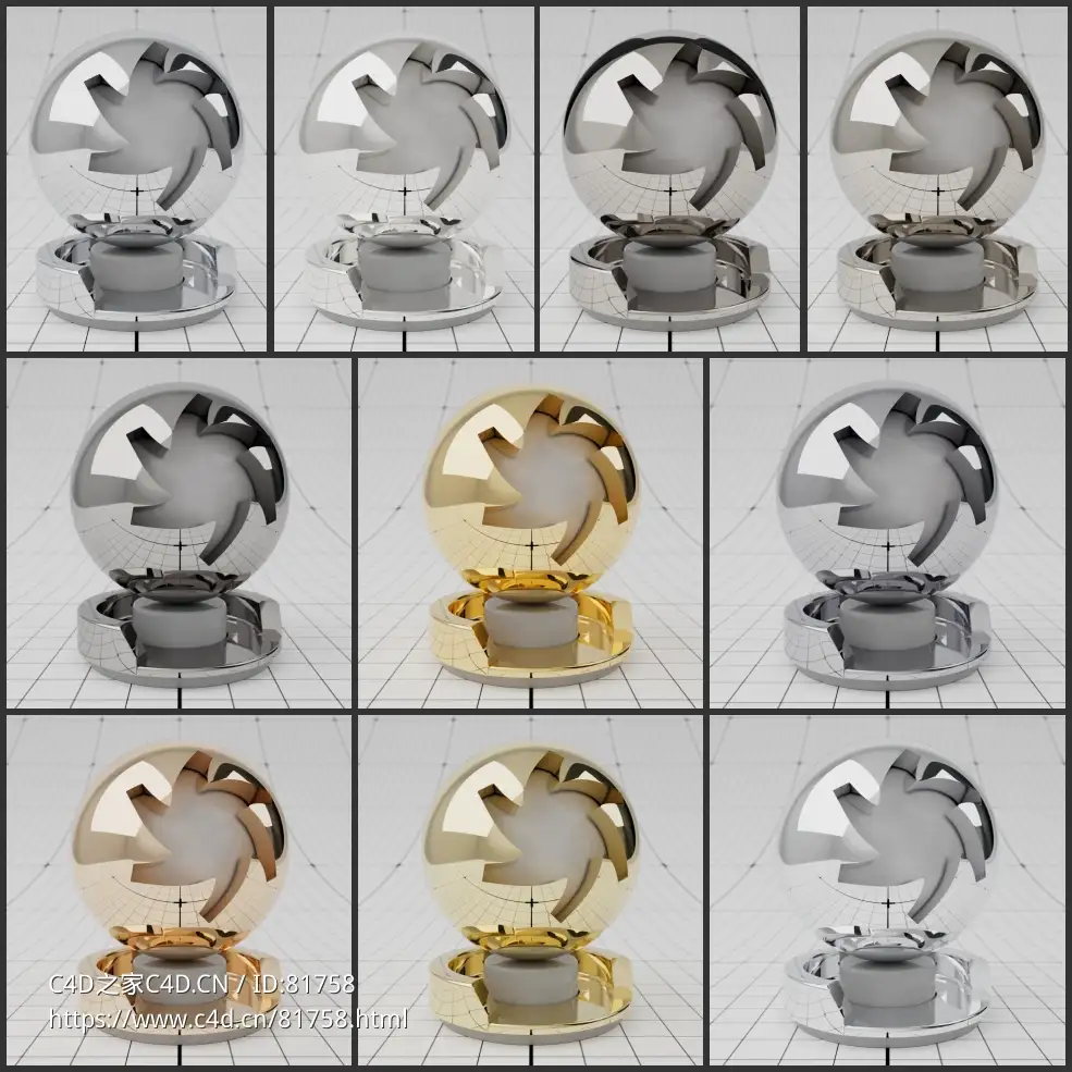 10个C4D OCTANE金属材质球黄金铂金汞铁铜银黄铜铝铅钛