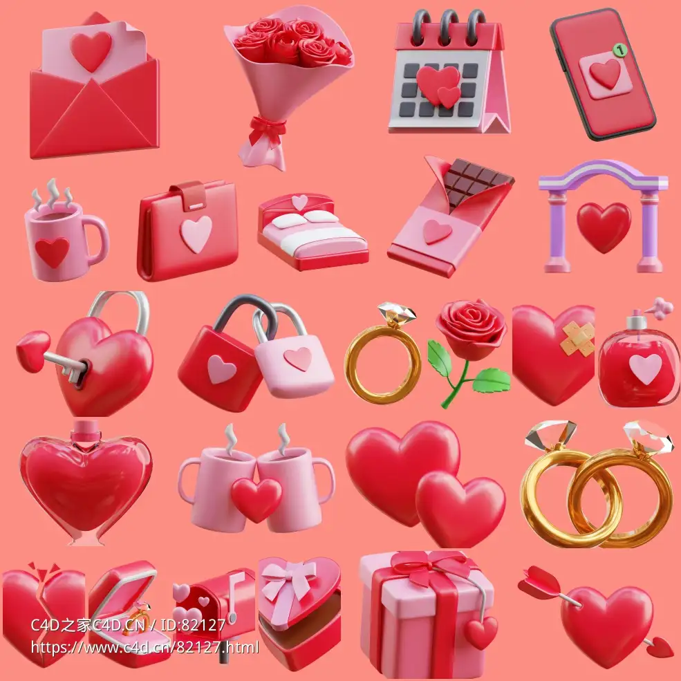 25个红色情人节卡通图标元素模型Valentines Day 3D Icons