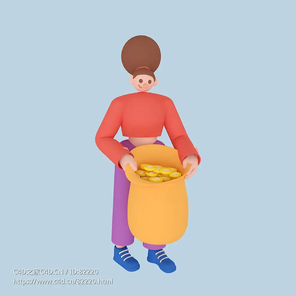 拿钱袋子的电商办公女性人物C4D OCTANE模型下载