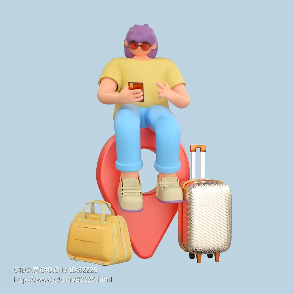 带旅行箱坐在地图坐标上的旅游女性人物C4D OCTANE模型下载