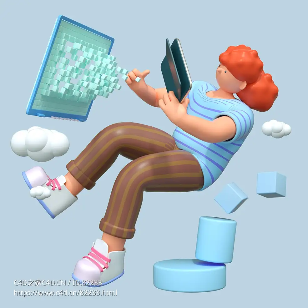 拿平板电脑上网的商务场景办公女孩人物C4D OCTANE模型下载