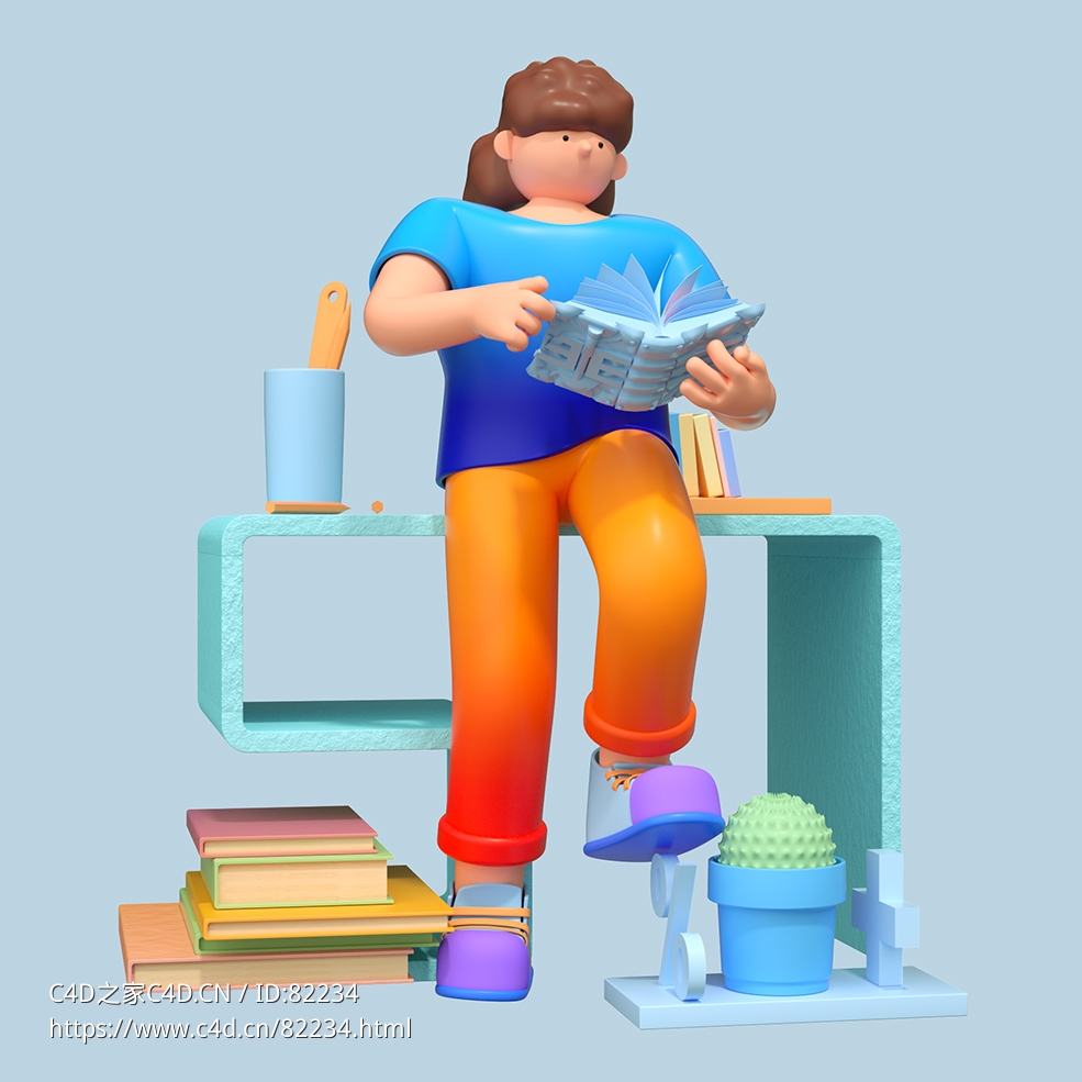 办公室看书学习的商务场景办公女性人物C4D OCTANE模型下载