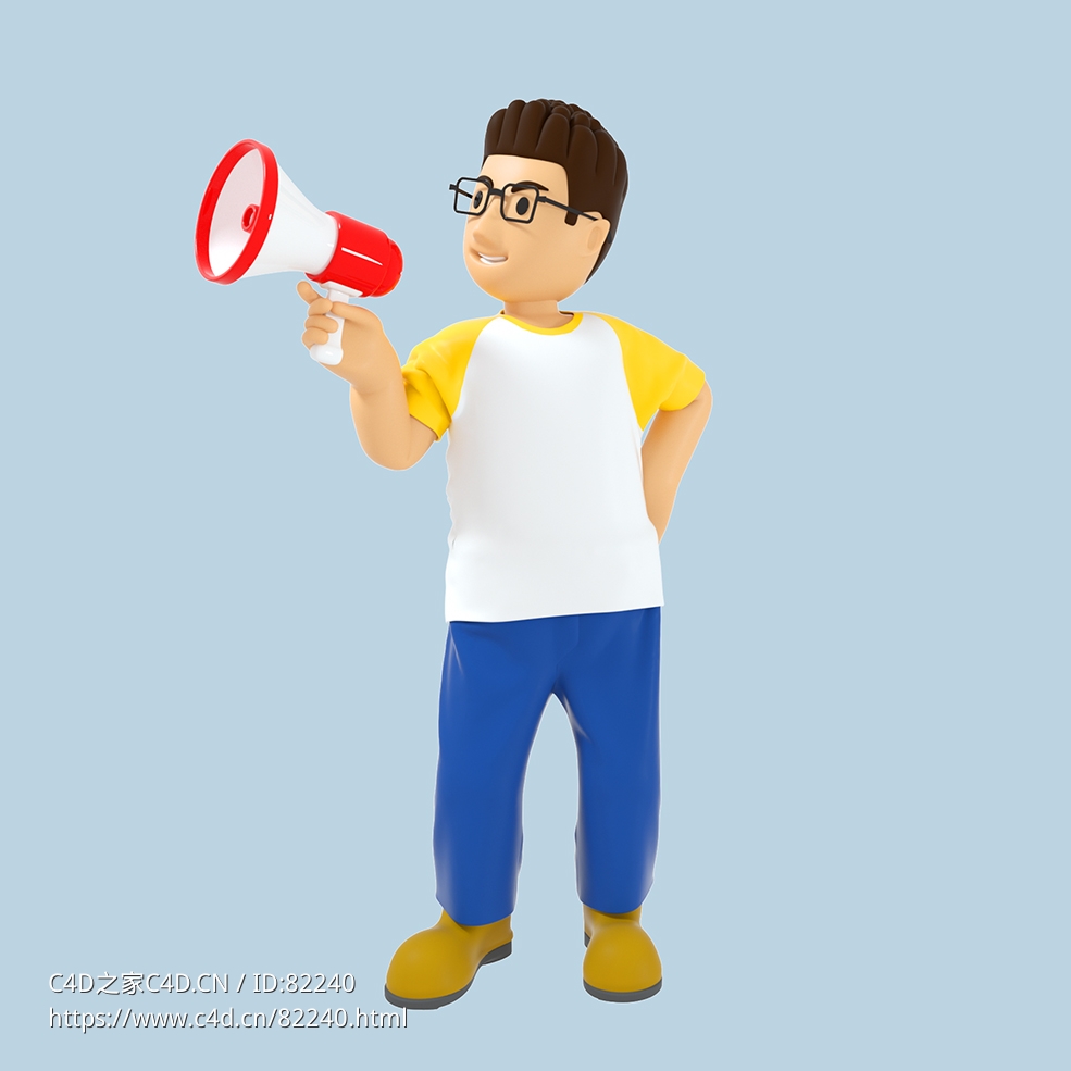 手拿喇叭呐喊宣传戴眼镜男孩人物C4D OCTANE模型下载