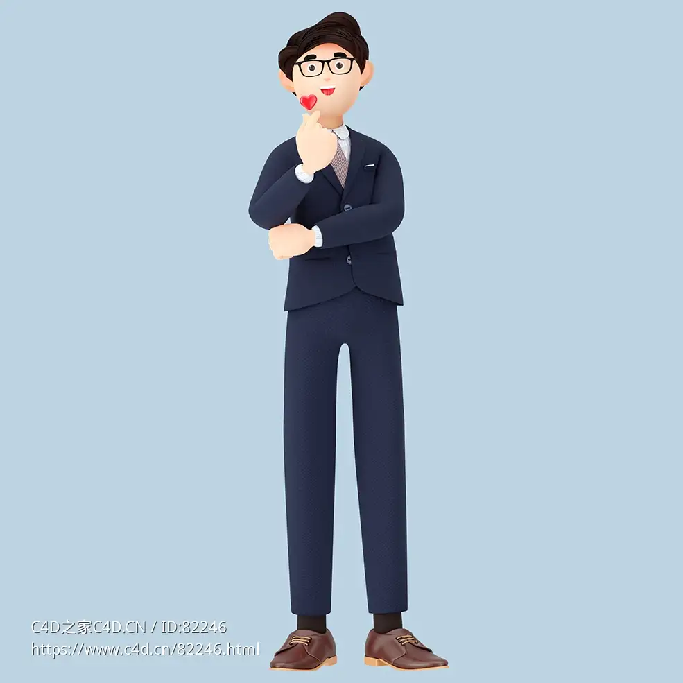 商务职场男性单手比心姿势男性西装人物C4D OCTANE模型下载