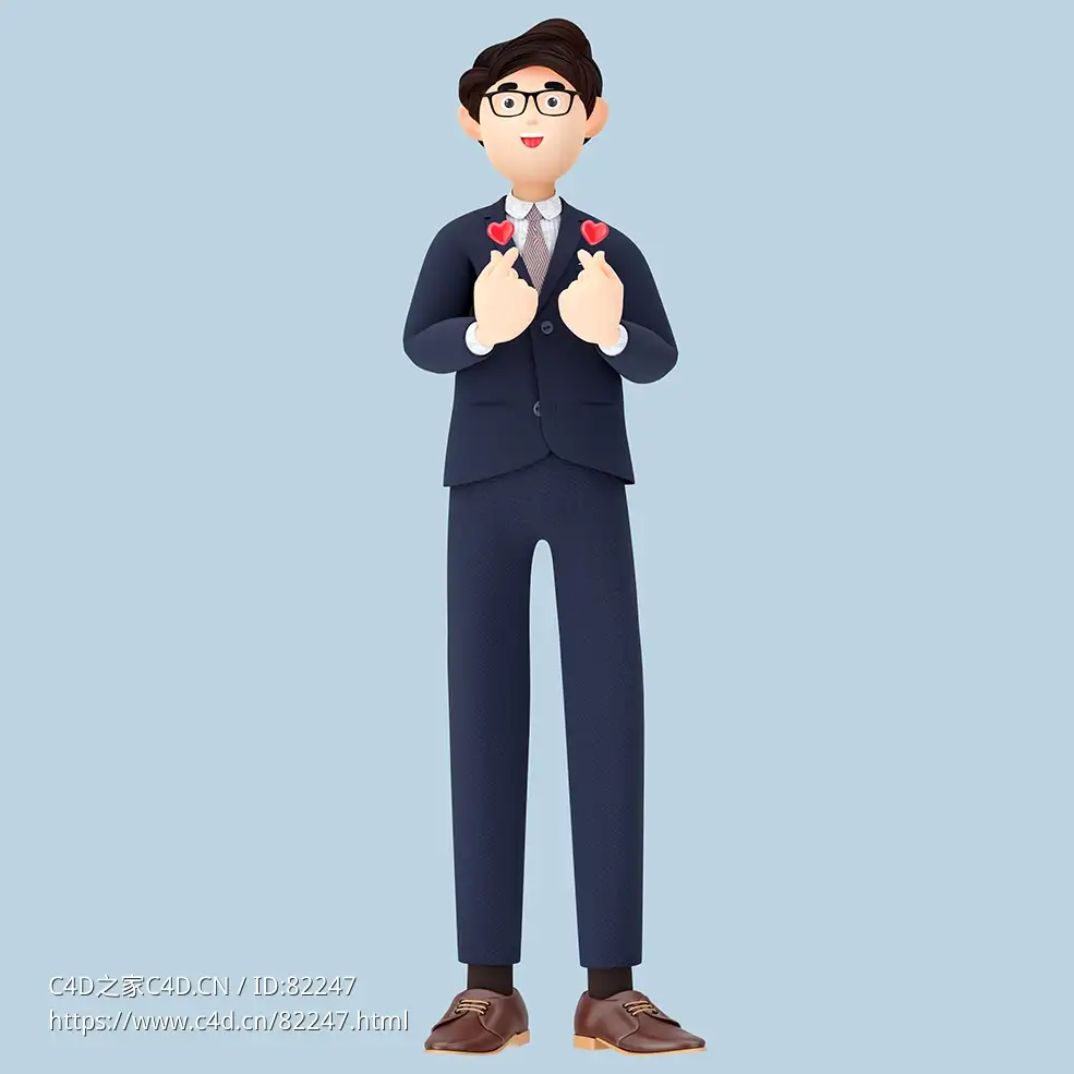 商务职场男性双手比心姿势西装男孩人物C4D OCTANE模型下载