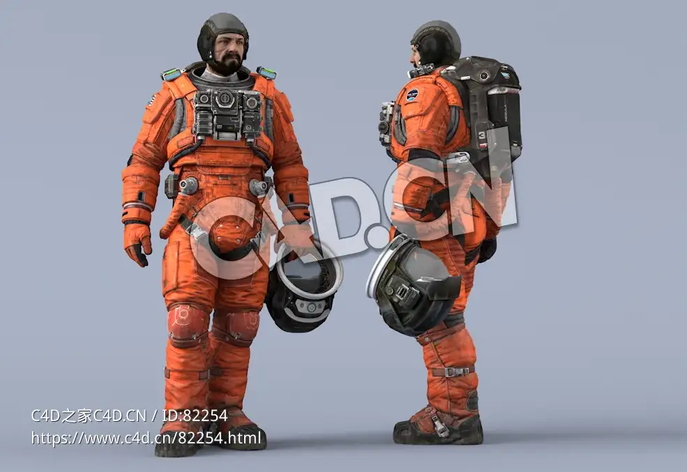 站立左手拎头盔桔黄色太空服大胡子男性宇宙航天员Idle Helmet Scifi Holding - C4D之家 - 16.jpg