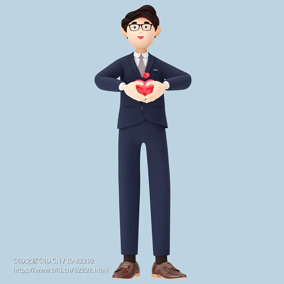 商务职场男性胸前双手比心姿势男孩西装人物C4D OCTANE模型下载