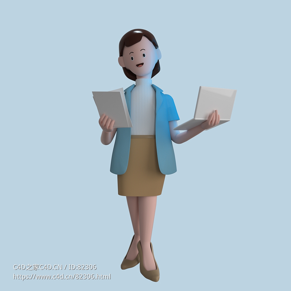 拿文件和笔记本电脑的商务办公人物女秘书C4D OCTANE模型下载