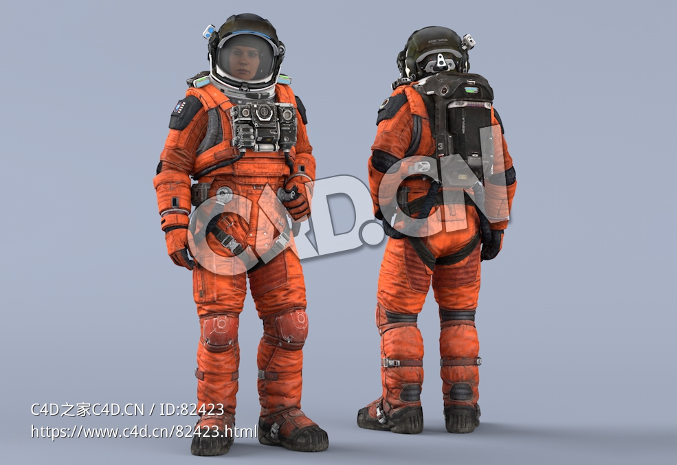 站立的桔黄色太空服年轻女性宇宙航天员Idle Relax - C4D之家 - 70.jpg