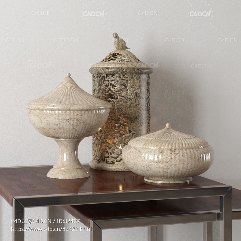 摆件装饰品c4d镂空蜡烛灯大理石花瓶模型下载