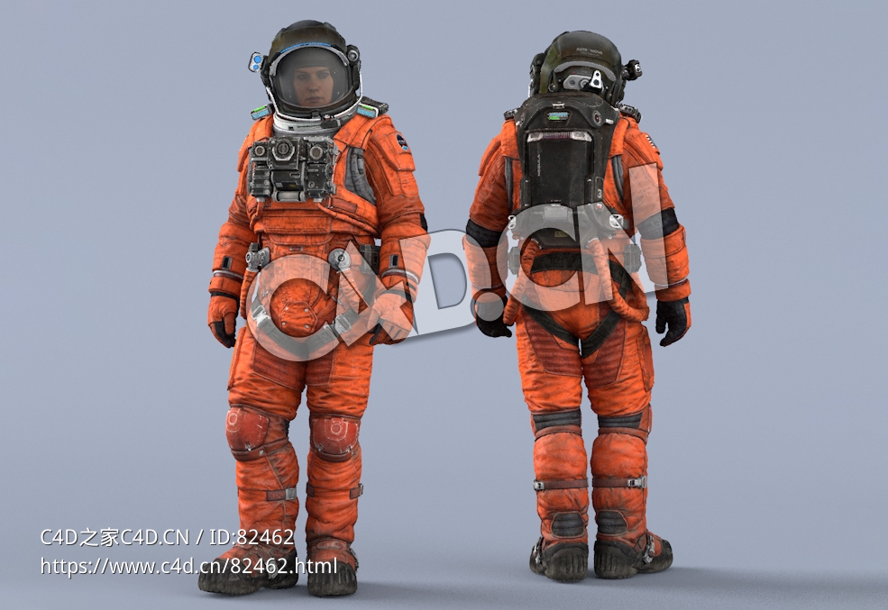 站立的桔黄色太空服年轻女性宇宙飞行员Idle Relax - C4D之家 - 86.jpg