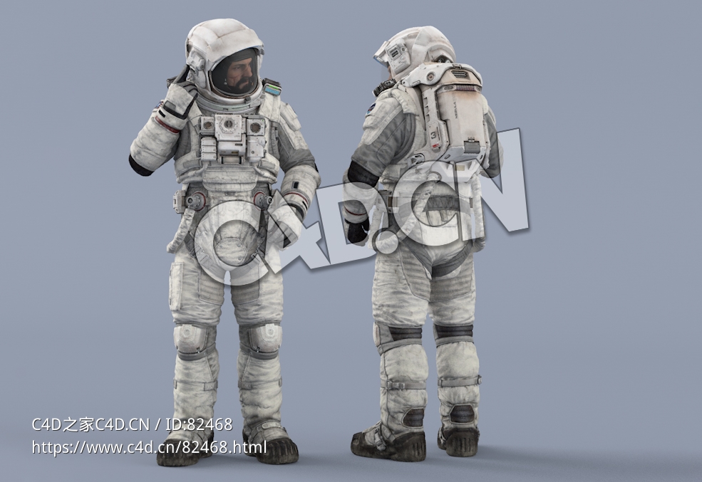 右手检查头盔接收设备的白色太空服大胡子男性宇宙航天员Idle Radio - C4D之家 - 92.jpg