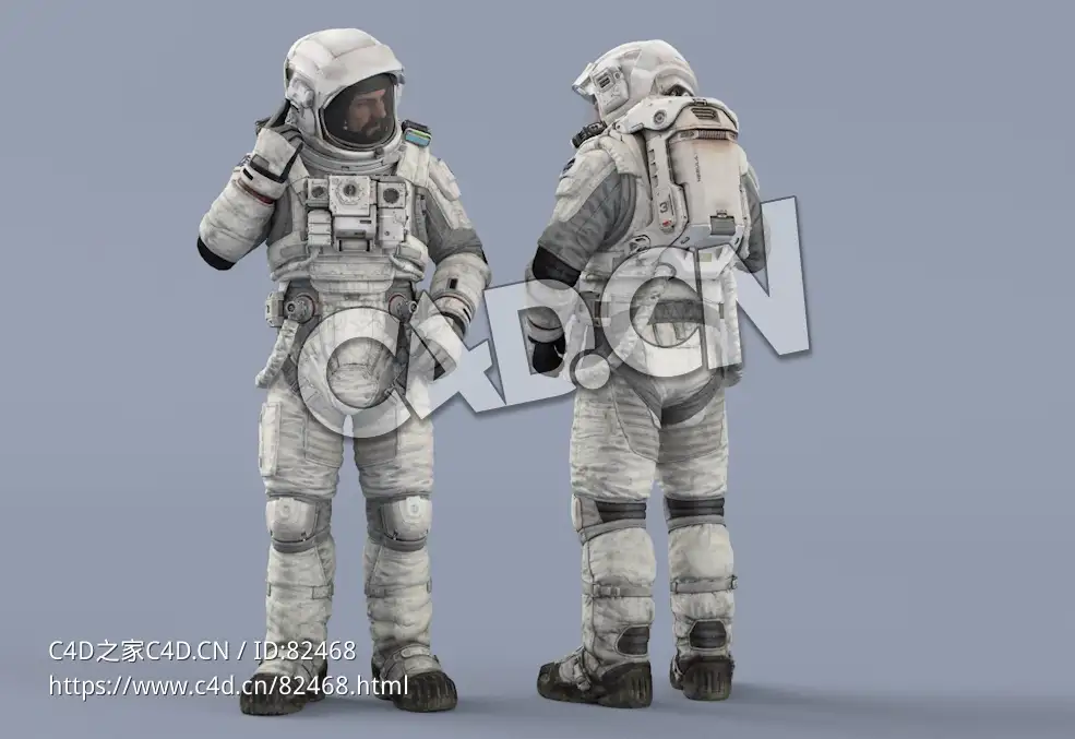 右手检查头盔接收设备的白色太空服大胡子男性宇宙航天员Idle Radio - C4D之家 - 92.jpg