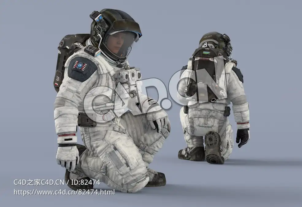 跪地的白色太空服年轻女性宇宙航天员Sit - C4D之家 - 98.jpg