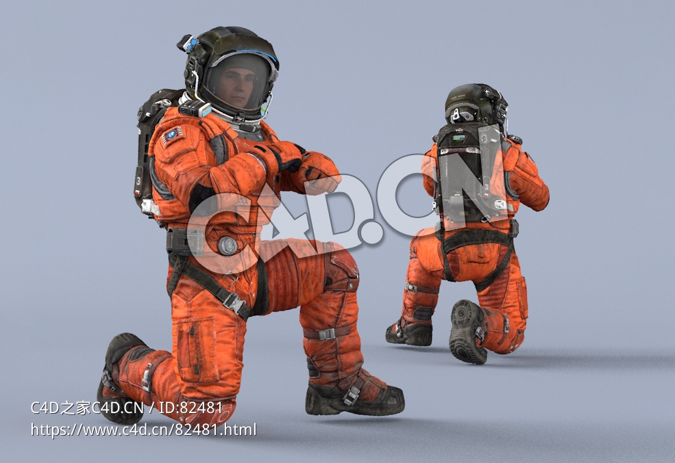 跪地检查手表的桔黄色太空服年轻男性宇宙飞行员Sit - C4D之家 - 101.jpg