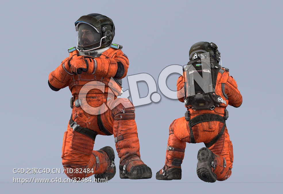 跪地检查手表的桔黄色太空服大胡子男性宇宙飞行员Sit - C4D之家 - 104.jpg