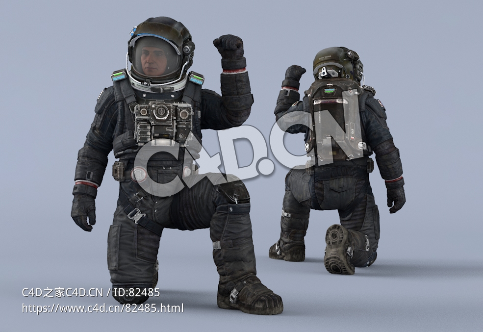 单膝跪地宣誓的黑色宇航服年轻男性太空飞行员Sit - C4D之家 - 105.jpg