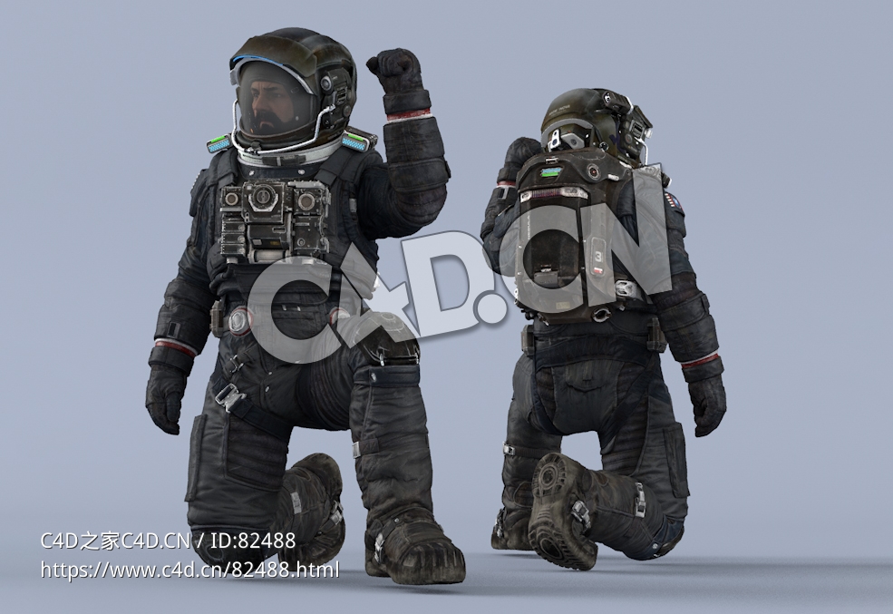 单膝跪地宣誓的黑色宇航服大胡子男性太空飞行员Sit - C4D之家 - 108.jpg