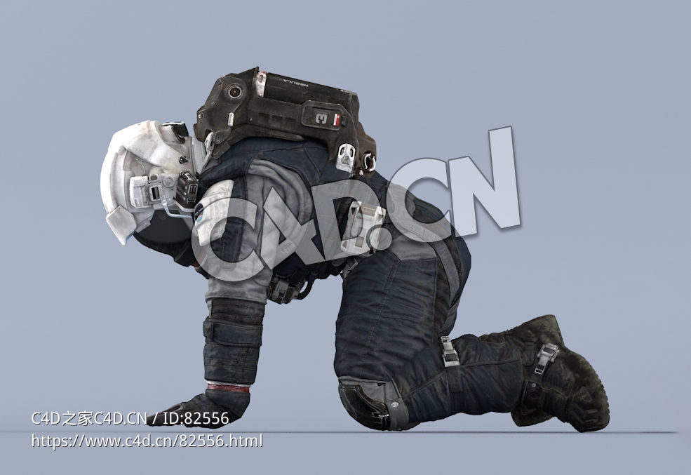 受伤捂头跪地上的深蓝色宇航服大胡子男性太空飞行员Sit Injured