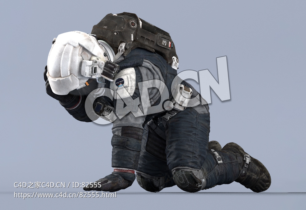 受伤捂头跪地上的深蓝色宇航服中年男性太空飞行员Sit Injured