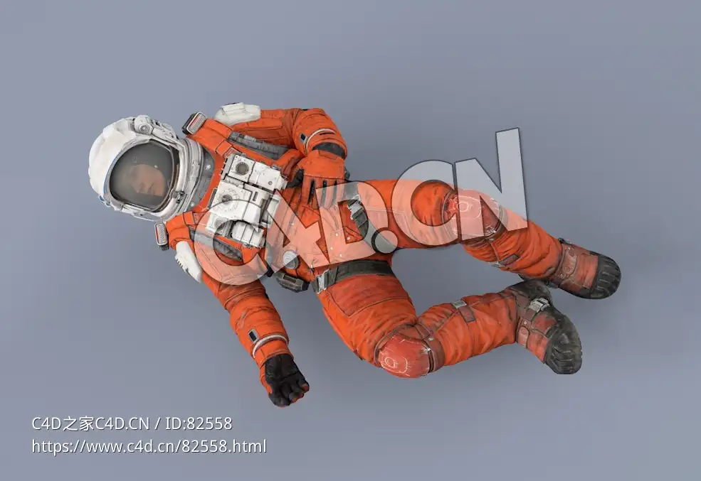 受伤躺地上的桔黄色太空服年轻女性宇宙飞行员Dead