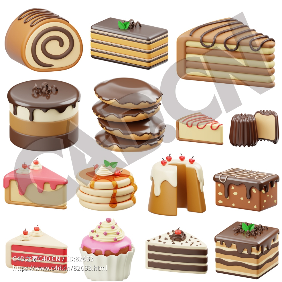 15个卡通三维蛋糕图标模型合集