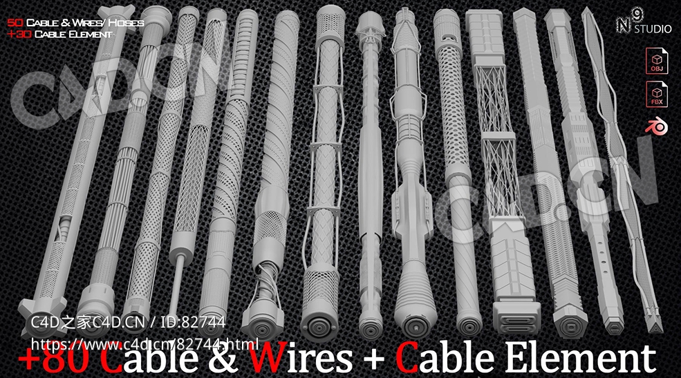 80种电缆电线软管数据线卡子转换头模型Blender Market - +80 Cable ,Wires, Hoses And Cable Element