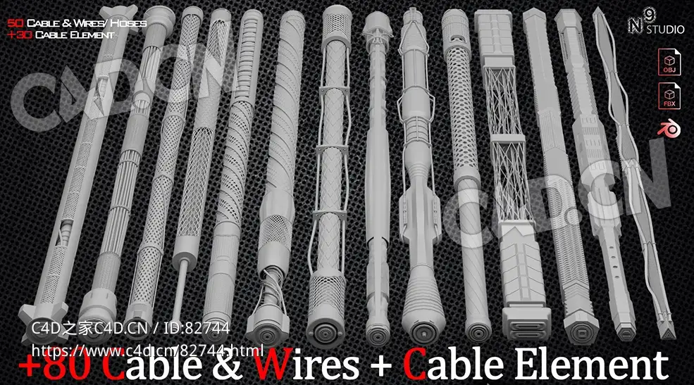 80种电缆电线软管数据线卡子转换头模型Blender Market - +80 Cable ,Wires, Hoses And Cable Element