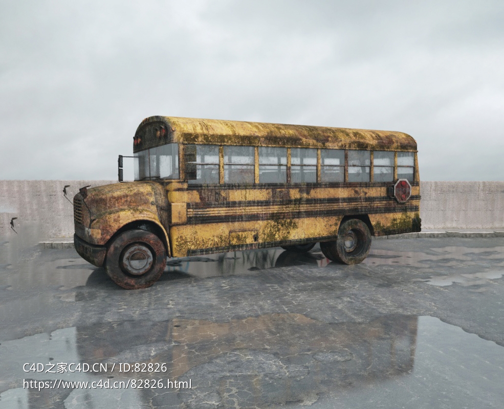 战后损毁车辆模型：生锈破损的校车