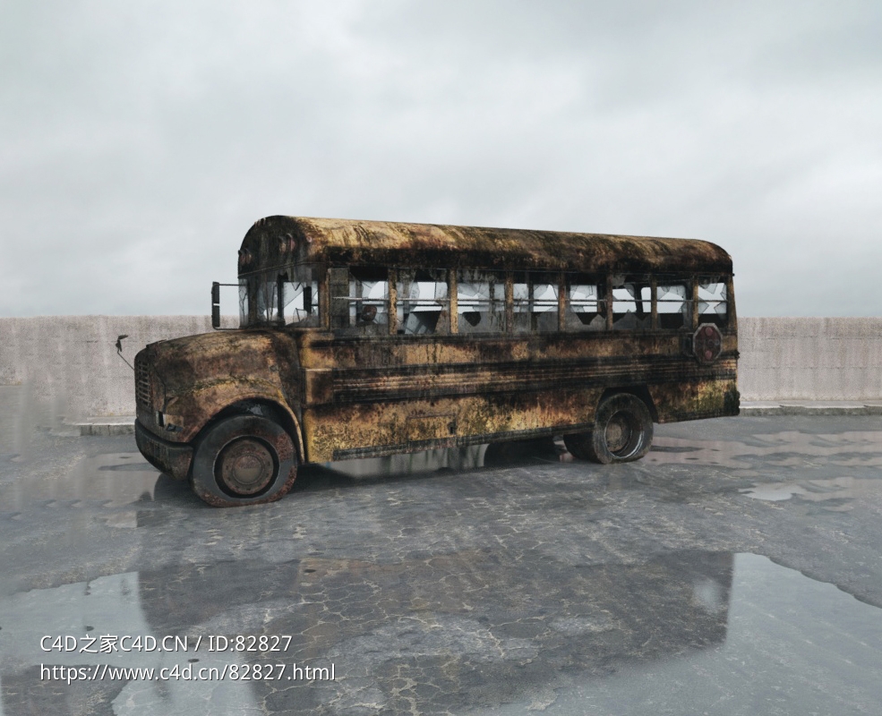 战后损毁车辆模型：战火破坏的校车