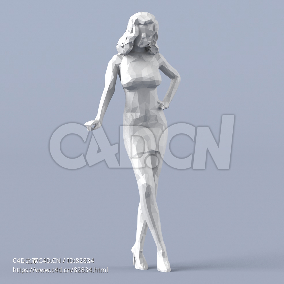 低面多边形卡通人物叉腰扶桌子的女性模型 - C4D之家 - 001.jpg