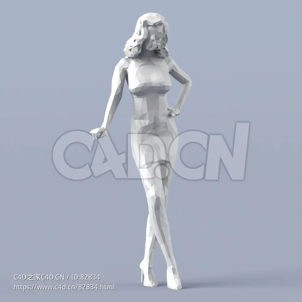 低面多边形卡通人物叉腰扶桌子的女性模型 - C4D之家 - 001.jpg