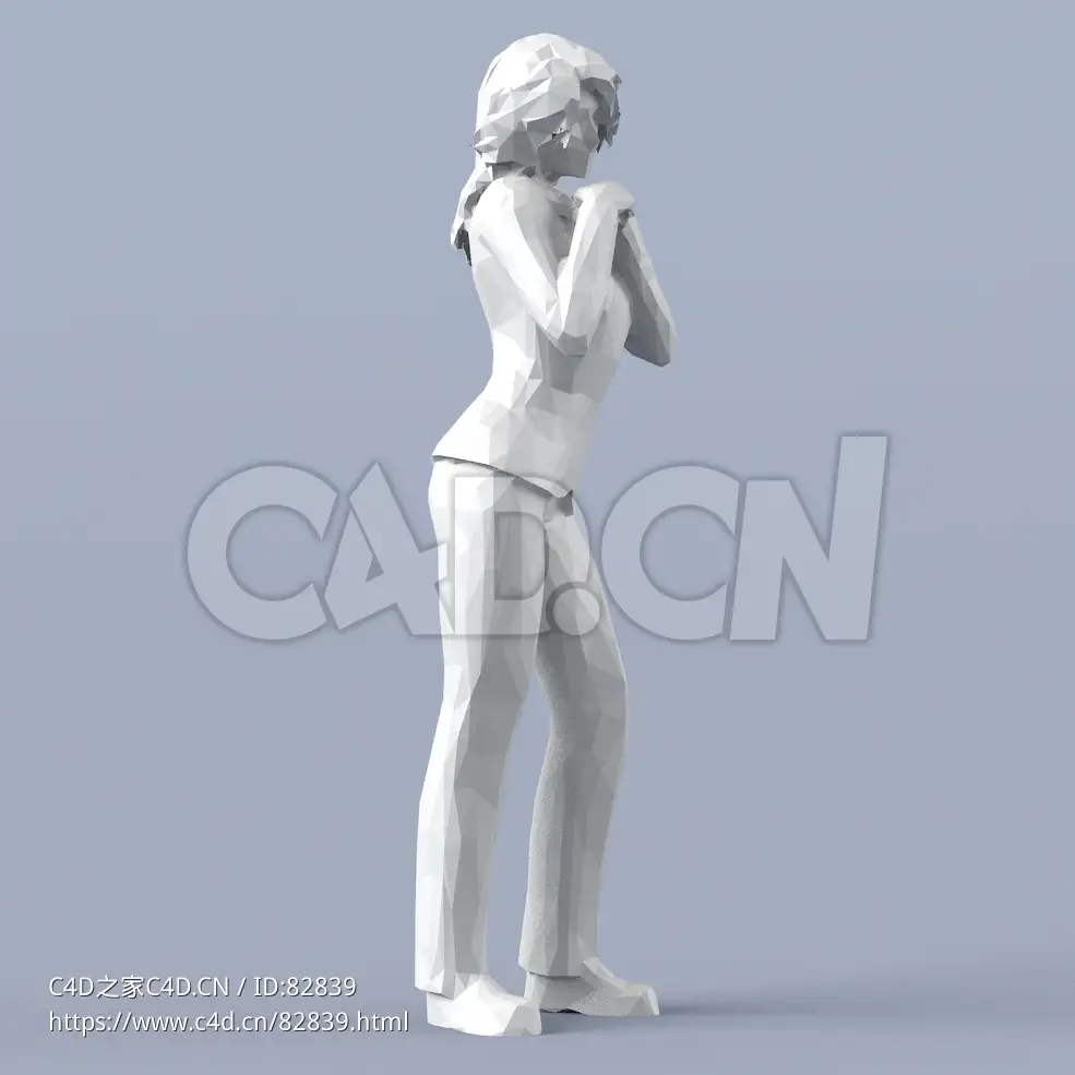 低面多边形卡通人物双手放胸前思考的女人模型 - C4D之家 - 006.jpg