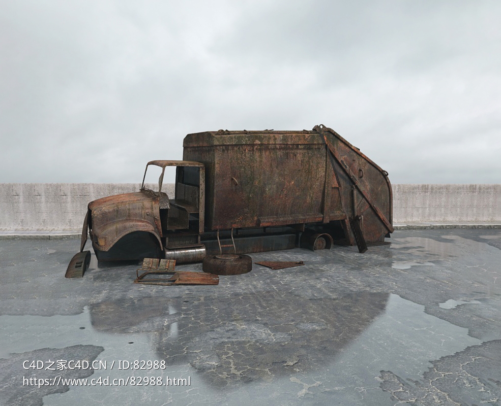 战后损毁模型：七零八落的垃圾清运车