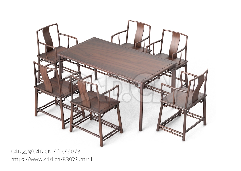 明清风格餐桌椅长桌子圈椅茶台桌七件套中式古典家具 - C4D之家 - 02.jpg